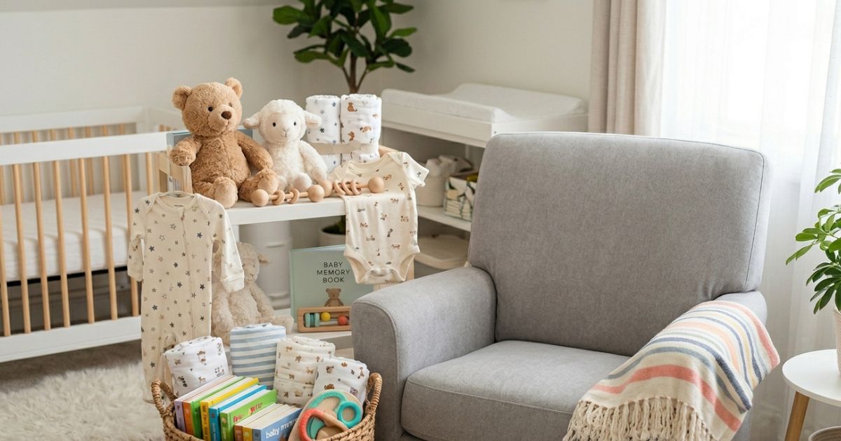 A curated flat lay of newborn gifts including swaddles, a keepsake, soft clothing, and a gift basket in soft neutral tones