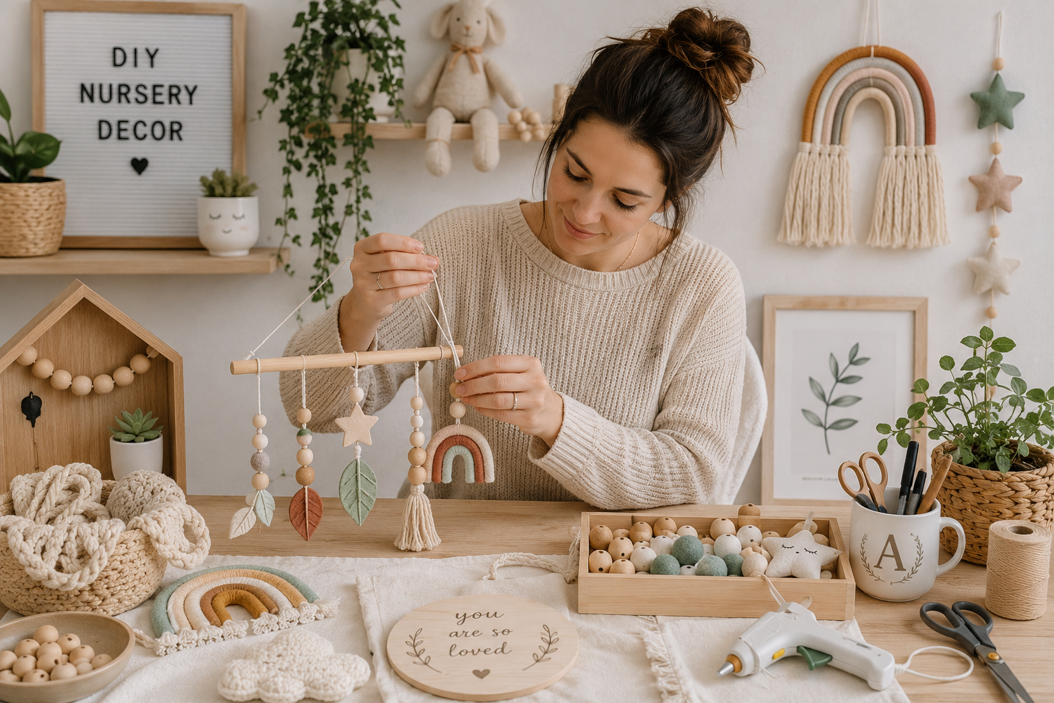 Budget-friendly DIY nursery with a crib, handmade mobile, framed printable wall art, and styled shelves in soft neutral tones