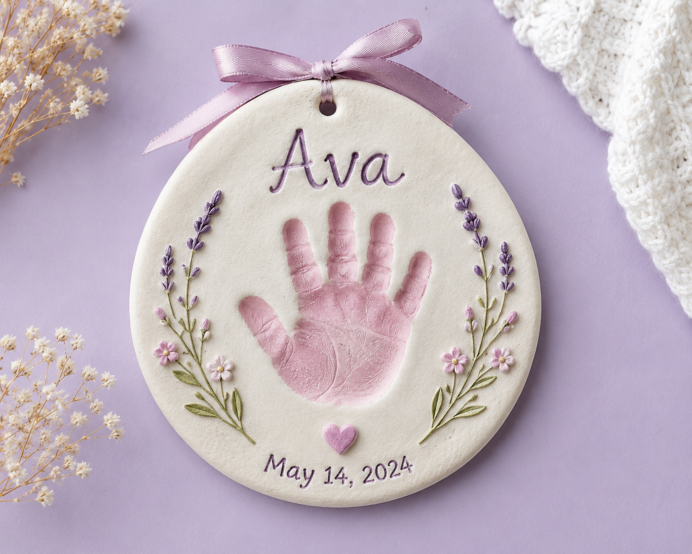 A finished painted salt dough baby handprint keepsake with the baby's name and date on a soft lavender background