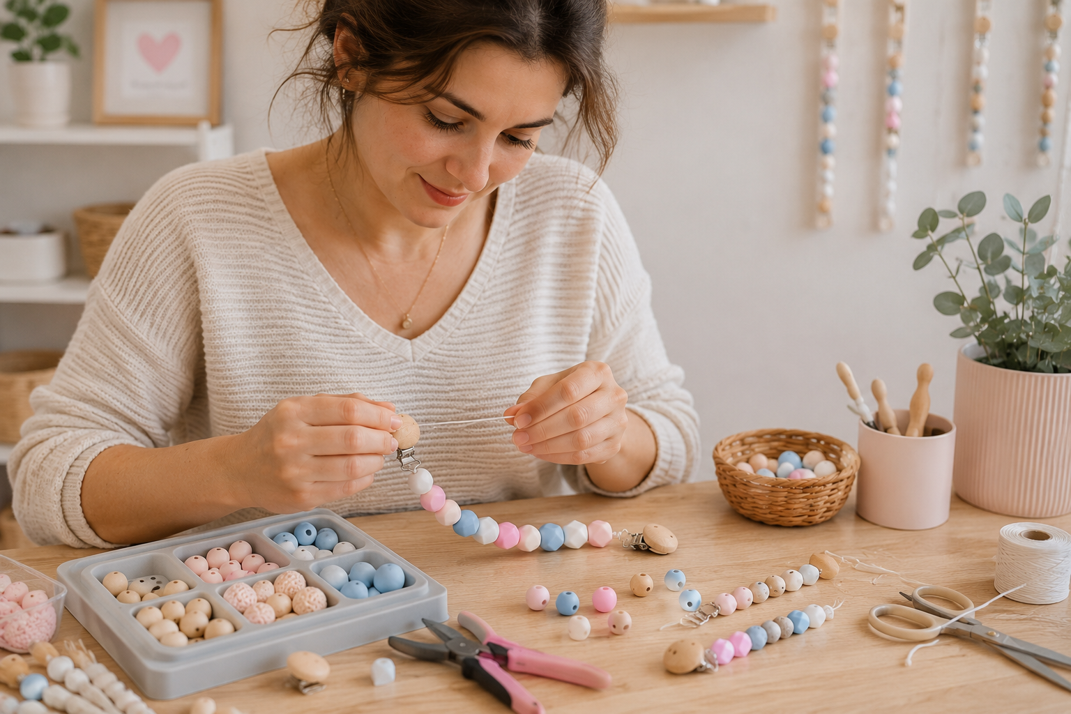 Step-by-step supplies for a handmade silicone bead pacifier clip laid out on a soft peach background