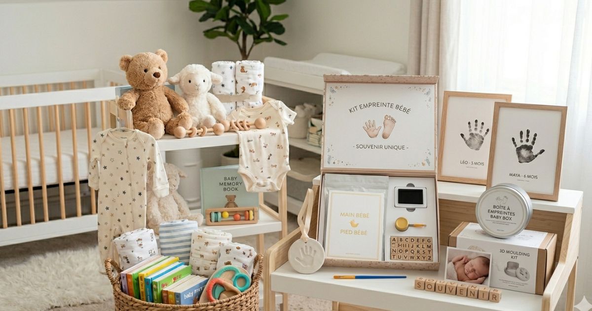 A selection of baby handprint kits including a clay imprint frame, an inkless print kit, and a 3D casting kit on a soft lavender background