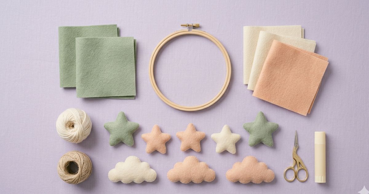 A handmade felt cloud and star baby mobile hanging in a neutral nursery in soft lavender and peach tones