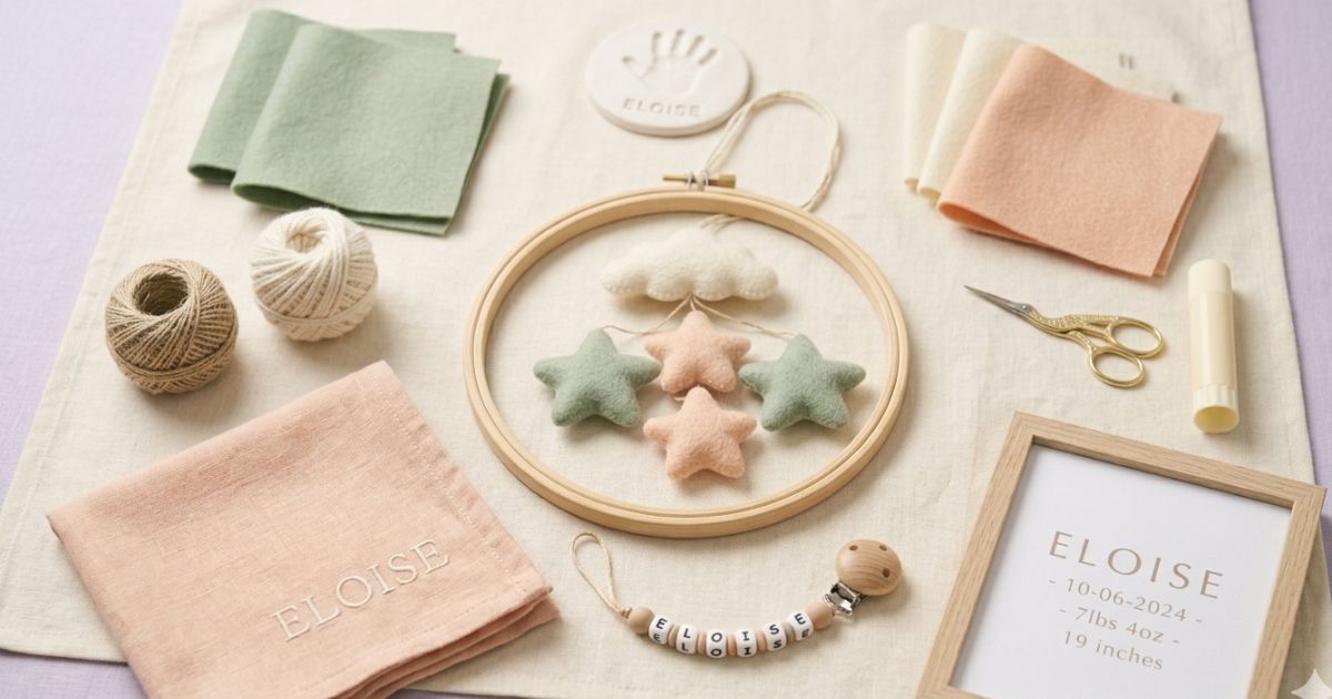 A collection of personalized baby gifts including a name blanket, birth print, handprint keepsake, and custom pacifier clip in soft neutral tones