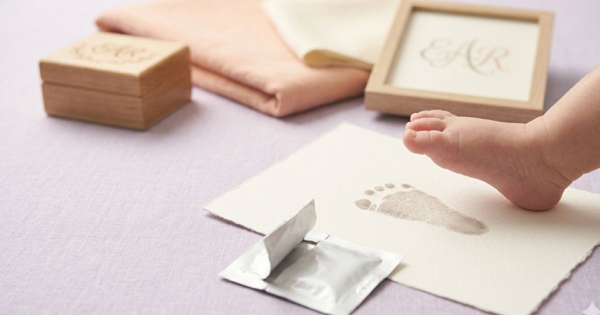 A perfect no-mess ink baby handprint on cream paper beside the inkless kit wipe and paper, on a soft lavender background