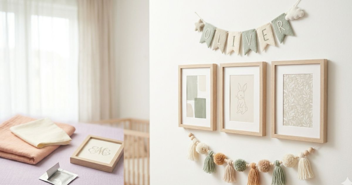 A gallery wall in a neutral nursery featuring framed printable art, a name banner, and a felt mobile in soft lavender and peach tones